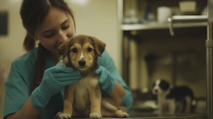 Veterinarian examining puppies in a clinic setting.