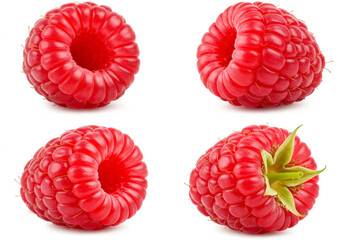 Four ripe raspberries isolated on a white background, showcasing their vibrant color and texture
