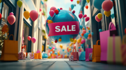 Colorful shopping scene with balloons and large sale sign, creating festive atmosphere. vibrant colors and playful elements invite excitement for shopping spree