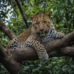 A leopard resting on a high tree branch in a dense jungle.