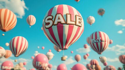 Fototapeta premium Colorful balloons with SALE text float in bright sky, creating festive atmosphere. Perfect for promotions and advertising