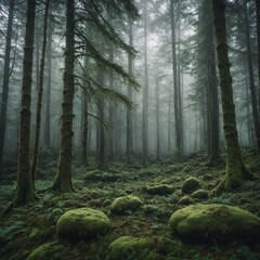 Nordic-inspired mystical forest with tall, ethereal trees shrouded in mist, soft shades of grey and green dominating the landscape, moss-covered rocks.