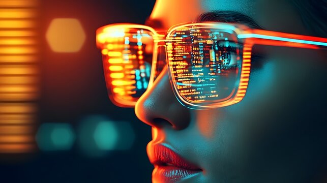 Stylized Neon Profile of Woman in Glasses with Futuristic Interface Elements
