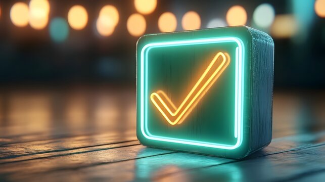 Glowing Neon Checkmark Icon in a Modern 3D Cube Representing Approval and Success