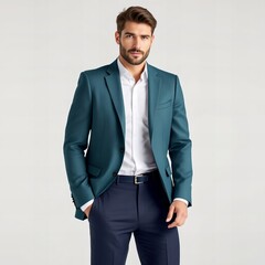 Fototapeta premium Confident Man in a Teal Suit Jacket, White Dress Shirt, and Navy Trousers Posing Against a Minimalist Background 