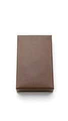 A rectangular chocolate box with a smooth satin finish, illuminated by studio lighting, centered on a white background.