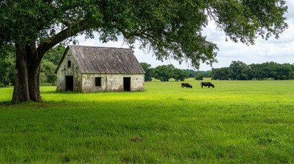 Obraz premium Old Weathered Farmhouse Surrounded by Green Fields and Trees Under a Cloudy Sky