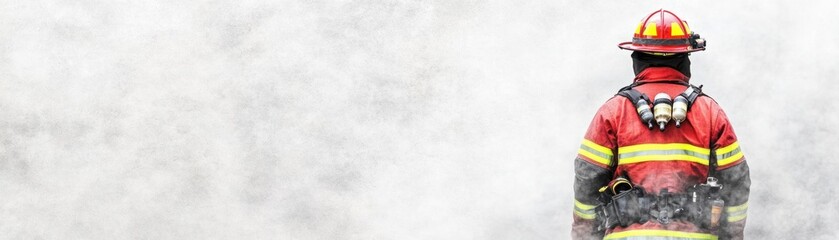 Brave firefighter standing amidst thick smoke, ready to tackle the blaze with expertise and courage, showcasing dedication and heroism in firefighting and emergency response.