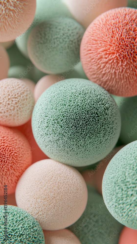 Poster Vibrant spheres in sage green and pastel tones are densely clustered, showcasing an intriguing texture that draws the viewer in. They create a playful and artistic arrangement