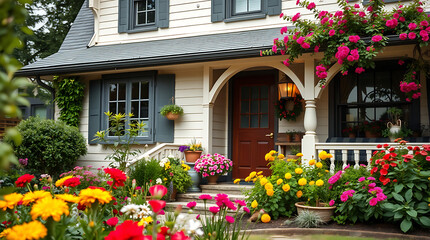 Fototapeta premium Charming Home with Vibrant Flower Garden: A Dream House Exterior