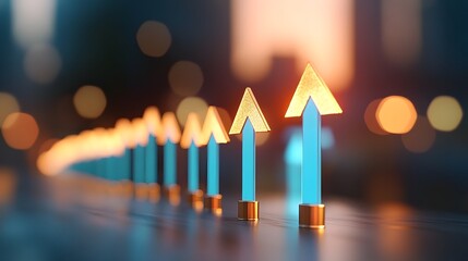 Glowing Blue Arrows Ascending with Golden Tips Symbolizing Progress and Growth