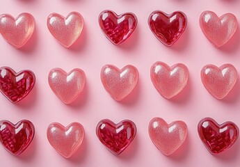 Fototapeta premium Colorful Heart-Shaped Objects in Bright Pink Background, Perfect for Celebrating Love, Romance, Valentine's Day, and Sweet Memories with a Vibrant Touch of Elegance