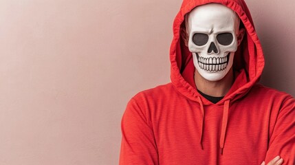 Person Wearing Red Hoodie and Skull Mask Poses Against a Plain Wall, Symbolizing Halloween, Mystery, and Spooky Atmosphere Perfect for Creative Projects and Seasonal Themes