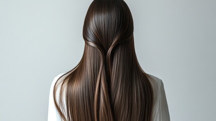 Fototapeta premium Elegant long hair styled in a unique way, set against a minimalist backdrop, ideal for beauty concepts