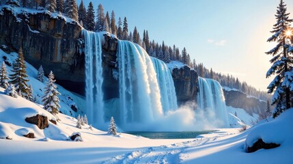 Frozen Waterfall Majesty A Serene Winter Wonderland Scene with Snow-Covered Pines and a Cascading Icy Waterfall