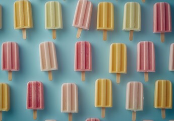 Colorful Ice Pops Displayed on a Blue Background for a Refreshing Summer Treat, Perfect for Food Photography and Dessert Inspiration
