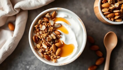 Delicious and healthy breakfast bowl with creamy yogurt, crunchy granola, and sweet almonds drizzled with honey. Perfect for a nutritious start to your day!