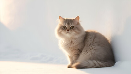An elegant cat with a shiny coat, posed gracefully on a simple white background, showcasing its charm.
