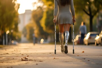 Woman with bionic legs walking.