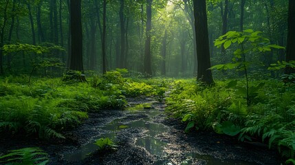 Obraz premium A lush green forest with diverse wildlife, including birds, deer, and small mammals in a serene environment