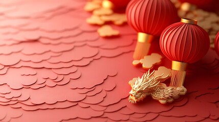Elegant Red Lanterns and Golden Dragon Motifs for Chinese New Year