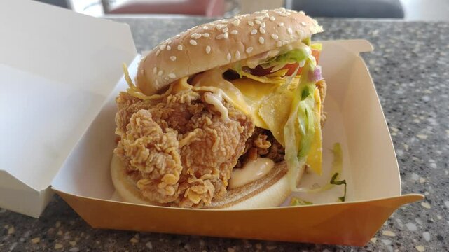 A Mexican-inspired burger with crispy chicken slice, cheese, and taco flavors served on a table inside a fast-food restaurant.