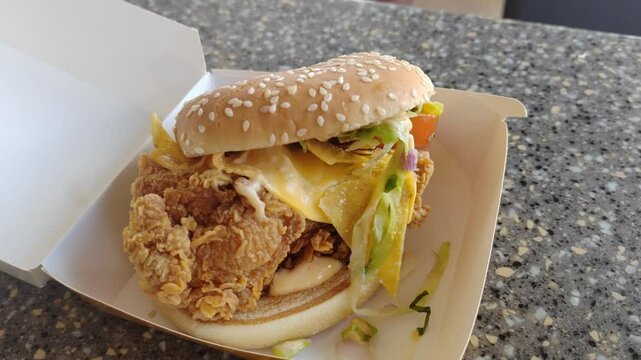A Mexican-inspired burger with crispy chicken slice, cheese, and taco flavors served on a table inside a fast-food restaurant.