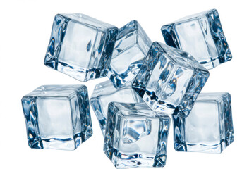 Obraz premium Crystal-clear ice cubes floating against a pure white backdrop, isolated for a clean, refreshing look