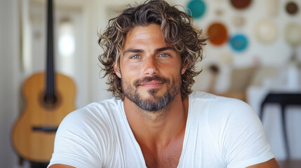 Obraz premium smiling man with curly hair and beard, wearing white shirt, in bright room