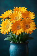 Obraz premium Vibrant Yellow Gerbera Daisies in Teal Vase