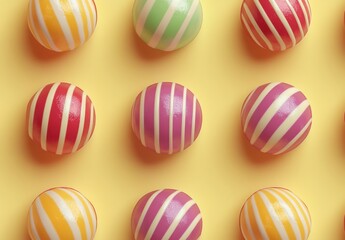 Colorful Spherical Treats with Striped Patterns Showcasing Freshness and Delight on a Bright Yellow Background for a Fun Culinary Experience