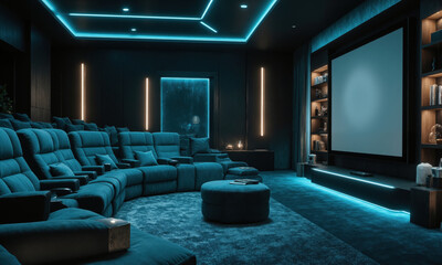 AI-enhanced home theater in dark teal, with immersive surround sound systems integrated into the architecture of the room for