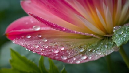 Fototapeta premium A close-up of a pink flower petal adorned with droplets of water, showcasing delicate textures. The vibrant colors and natural beauty highlight the elegance of nature