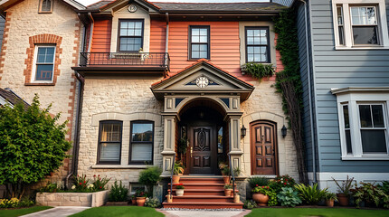 Classic American House Exterior: Charming Brick and Stone Facade with Elegant Porch and Lush Landscaping