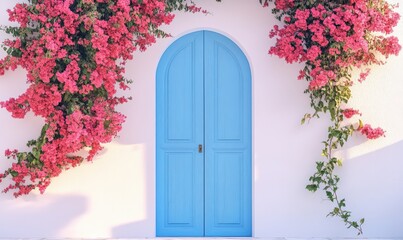 White walls and blue doors, red flowers at the entrance © fanjianhua
