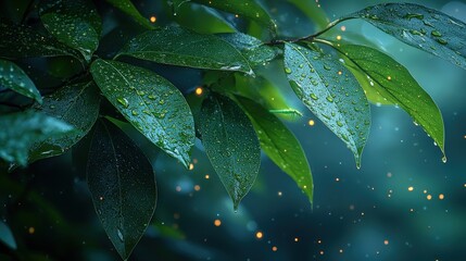 Fototapeta premium Dew-Covered Leaves with Fireflies at Night 