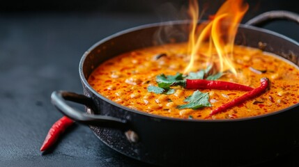 A vibrant dish with a fiery presentation, featuring a spicy stew simmering in a pan, garnished with fresh herbs and red chilies.