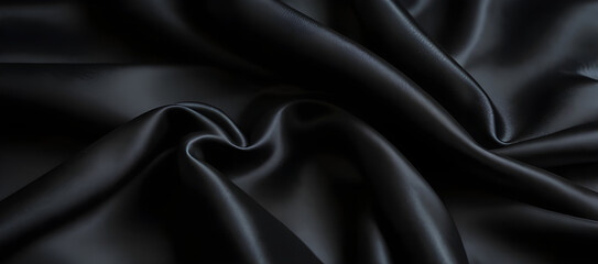 Fototapeta premium Black drapery silk fabric luxury background. Wavy abstract satin cloth vector texture pattern. Smooth shiny drape material curtain. Elegant velvet curve motion image realistic horizontal design.
