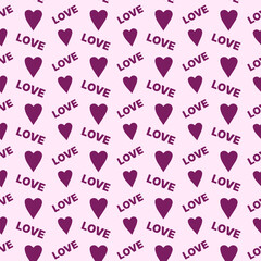 Purple Heart with Love text Pattern for romantic themed designs, Valentines Day cards, and wedding invitations, wrapping paper.