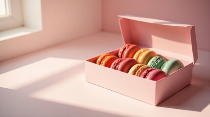 Pastel-colored macarons in a pink box bathed in sunlight, a delightful treat for a sweet afternoon