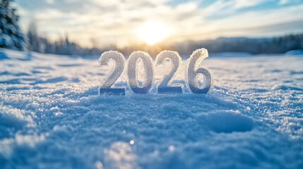 White Arabic numerals "2026" standing on the snow.