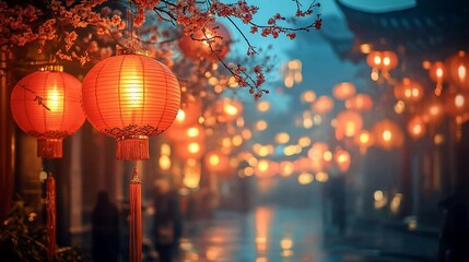 Fototapeta premium Illuminated lanterns and blossoms line a misty Asian street at night.