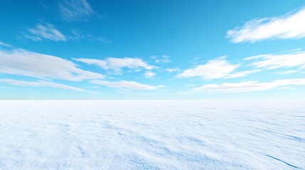 Vast snowy landscape under a bright blue sky.