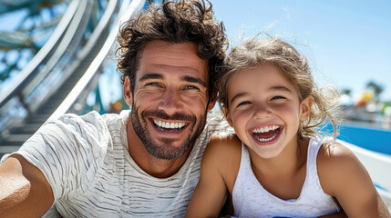 Fototapeta premium Happy family enjoying fun day at amusement park together