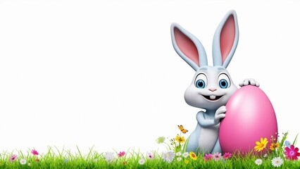 Fototapeta premium Cute easter bunny with egg and spring flowers with copy space