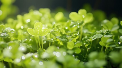 Close-up of vibrant green seedlings with water droplets, backlit by sunlight.