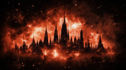 City of Stars: An enigmatic cityscape of towering spires, silhouetted against a blazing cosmic backdrop. The sky bursts with celestial fire, creating an otherworldly and mysterious spectacle.