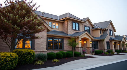 Luxury Brick House Exterior at Dusk: Elegant Home Design and Landscaping