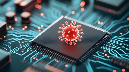 Vibrant 3D Virus Icon on Microchip with Dynamic Cyber Threat