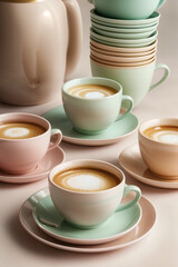 Fototapeta premium A pastel pink background with coffee cups, macarons, and small flowers.